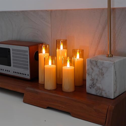 Miniatura 8 de Amagic Velas parpadeantes sin llama, velas que funcionan con pilas, velas LED de pilar acrílicas de color ámbar dorado con control remoto y