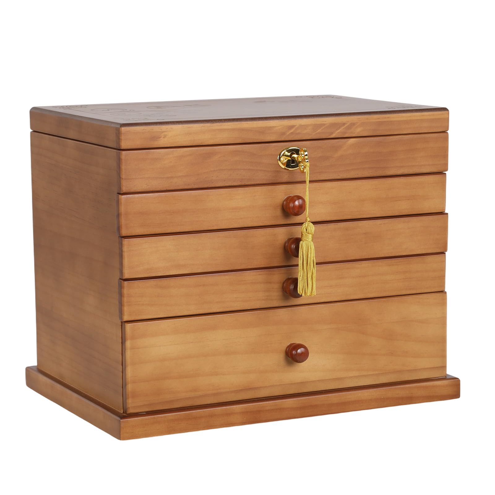 5-Layer Wooden Jewelry Box with Lock and Key Jewellery Storage Case Built in Necklace Hooks for Watch Necklace Ring Earring