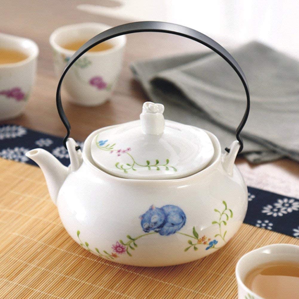Zestaw Herbaty Klasyczny chiński biały ceramiczny zestaw do herbaty z motywem kwiatowym, czajniczek 740 ml i 4 filiżanki Dla Codziennego Użytku(A)