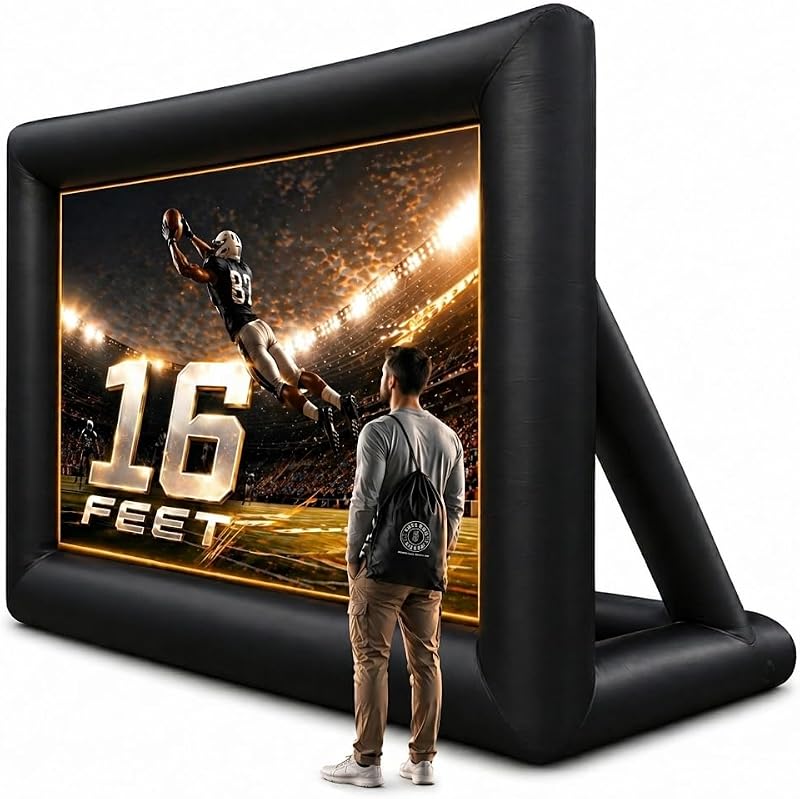 16 ft Outdoor Projector Screen with Built-in Blower - Supports Front and Rear Projection - Includes Tie-Downs and Storage Bag - Inflatable Projector