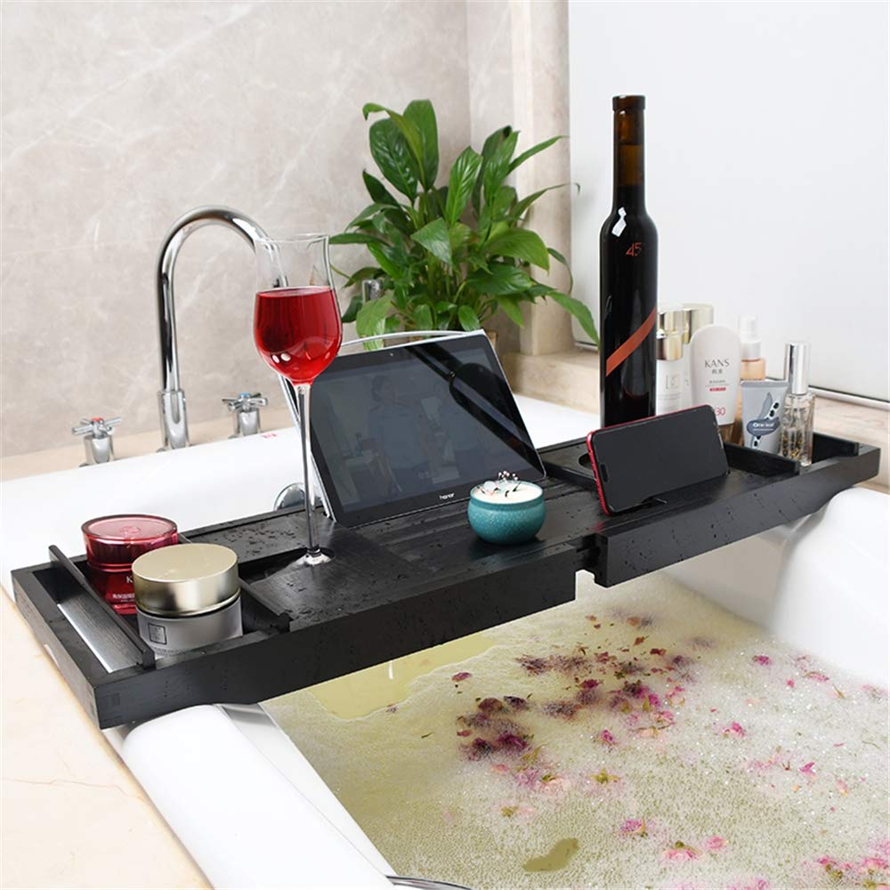 JKJZSALJ Bamboo Bath Caddy Tray With Wine Glass Holder & Device Slot Adjustable Size To Fit Most Bathtubs