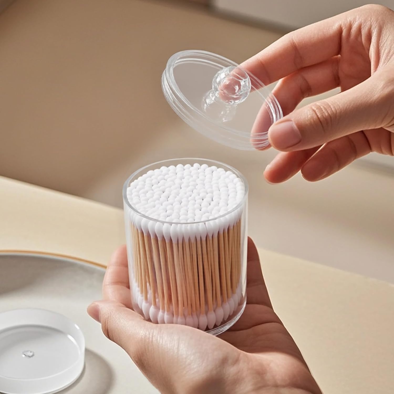Q Tip Holder for Bathroom, 2-Pack Clear Plastic Apothecary Jars with Lids Set - Cotton Round Holder & Qtip Dispenser for Vanity Organizers and Storage Canisters image 3