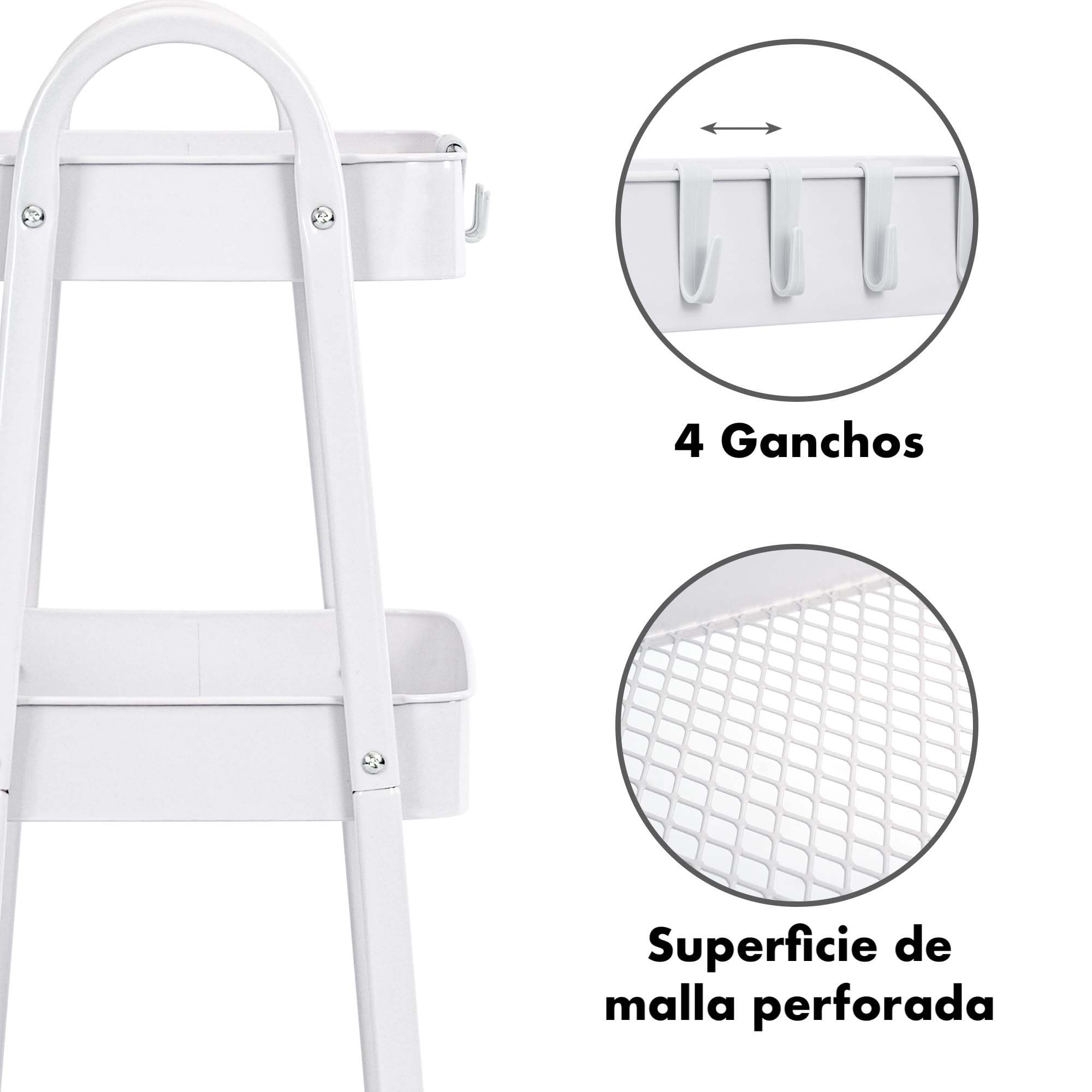 T-LOVENDO.ES Carro de Cocina Metálico con Ruedas. Carrito Auxiliar Multiuso. 3 Cajones de Almacenamiento. Ideal para Frutas, Verduras, Cocina, Salón, Oficina (Blanco)