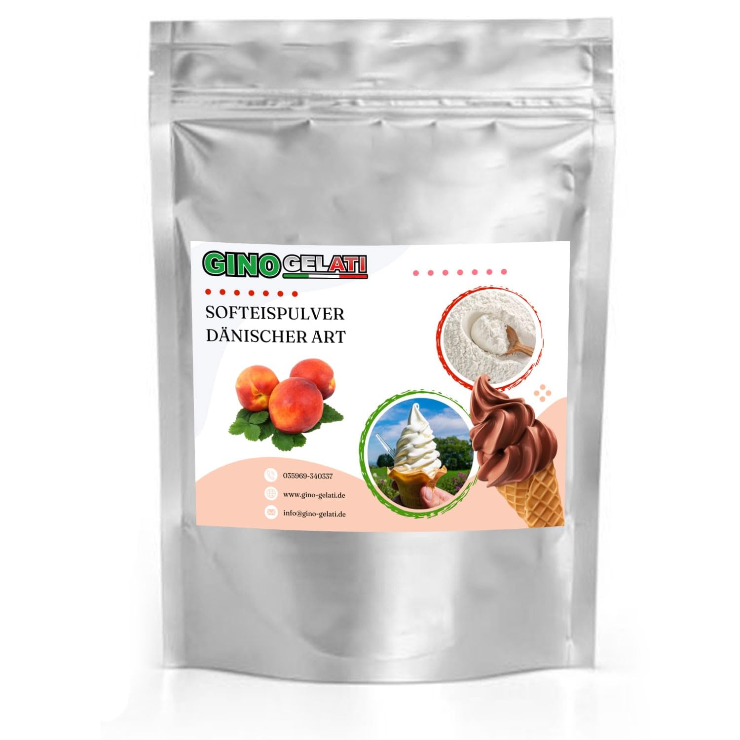 Gino Gelati Dänisches Softeis Pulver, fruchtiger Geschmack, verschiedene Geschmacksvarianten, schnell und einfach Zubereitet, Made in Germany, Eis selber machen (1 Kg, Nektarine)
