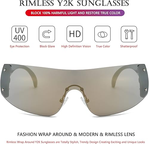 Miniatura 3 de AIEYEZO Lentes de sol Y2K sin montura para mujeres y hombres, de gran tamaño, a la moda, envolventes, sin marco