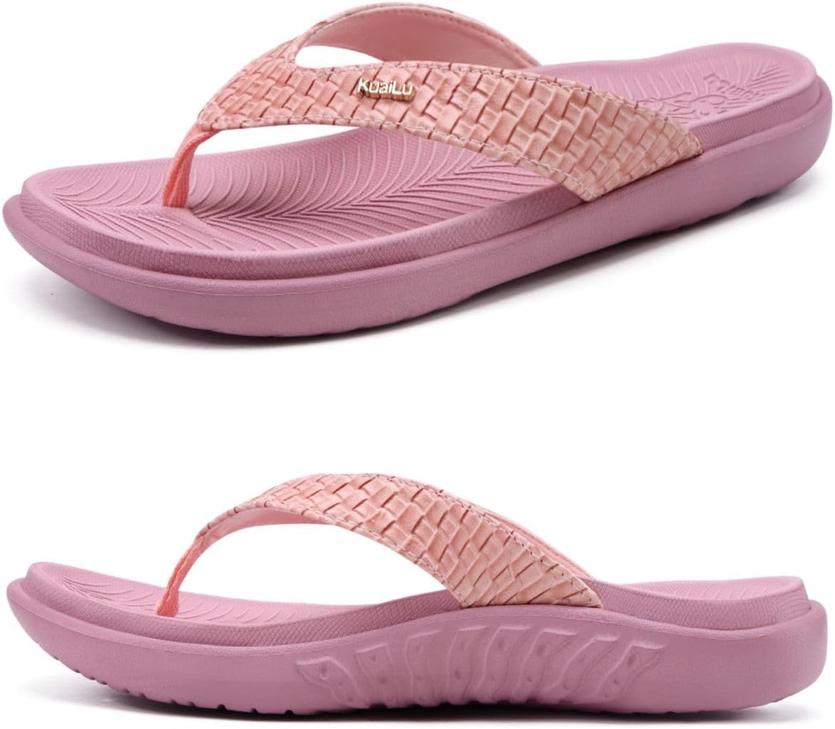 KuaiLu Flip Flops Damen Leder Zehentrenner für Sommer Beach Frauen Bequeme Yoga Mat Tanga Sandalen für Plantar Fasciitis