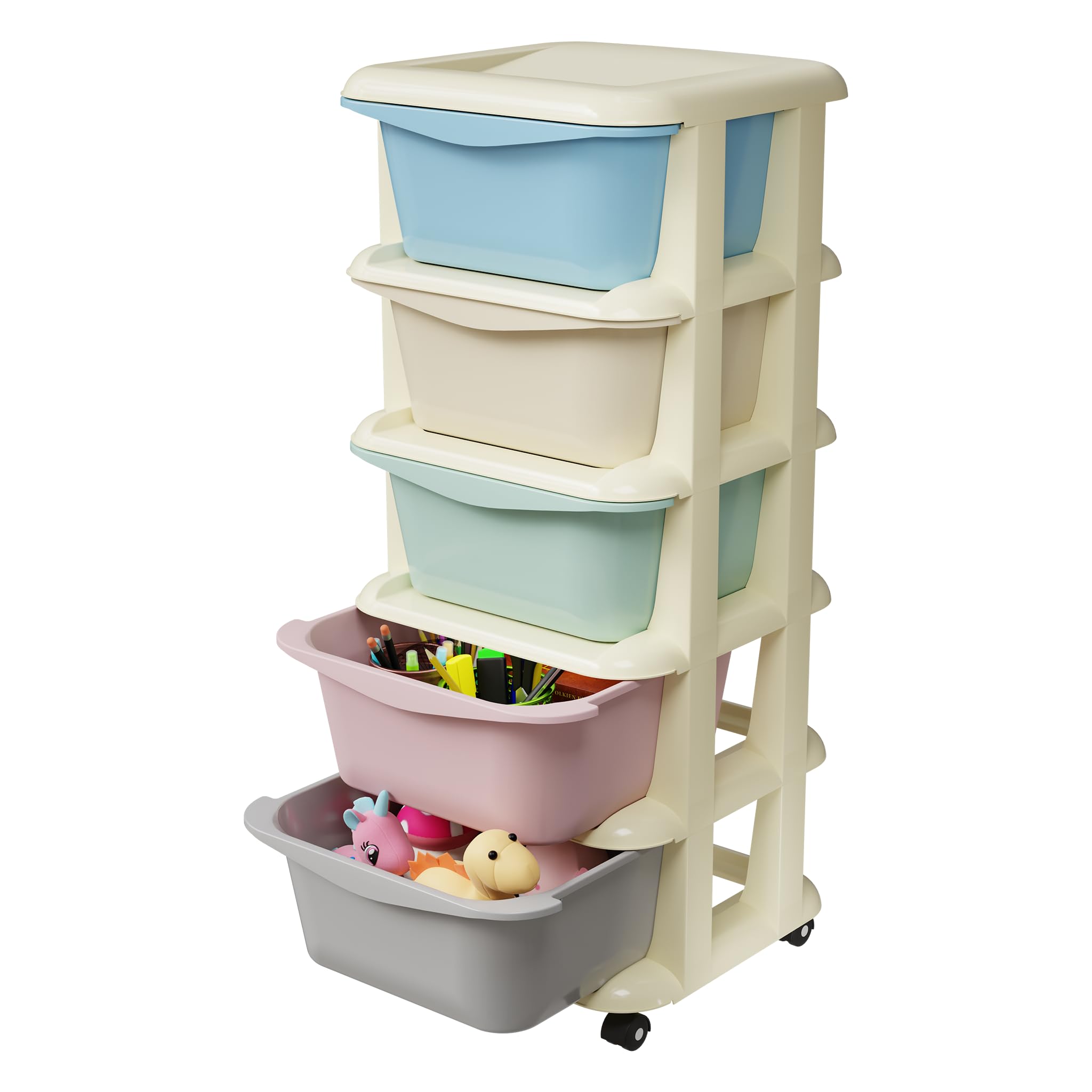 TEX-RO Modular Drawer Storage Organizer|Plastic Chest of Drawers for Kitchen Storage Cabinet|Multi-Layer Storage Drawer Cabinet & Drawers Organisers for Home, Office, Kids (Multicolor, 5 Layers)