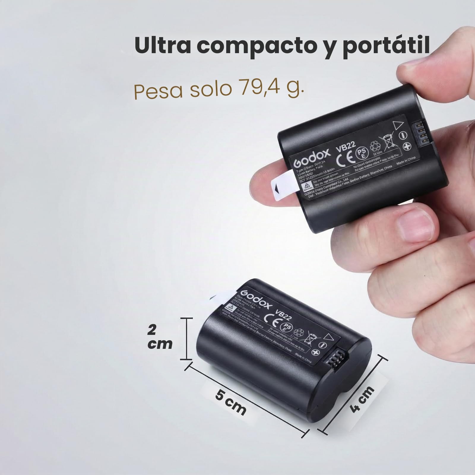 Godox VB22 Batería de Litio (7.2V 2200mAh) con Puerto de Carga USB-C – Batería de Repuesto para Flashes Godox V1 Mid, Serie V480 y Serie V350 (C/S/N/O/F)