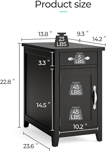 Miniatura 3 de LINSY HOME Mesa auxiliar con estación de carga, mesa auxiliar para dormitorio con cajón y soporte desmontable, estante de almacenamiento con puerta