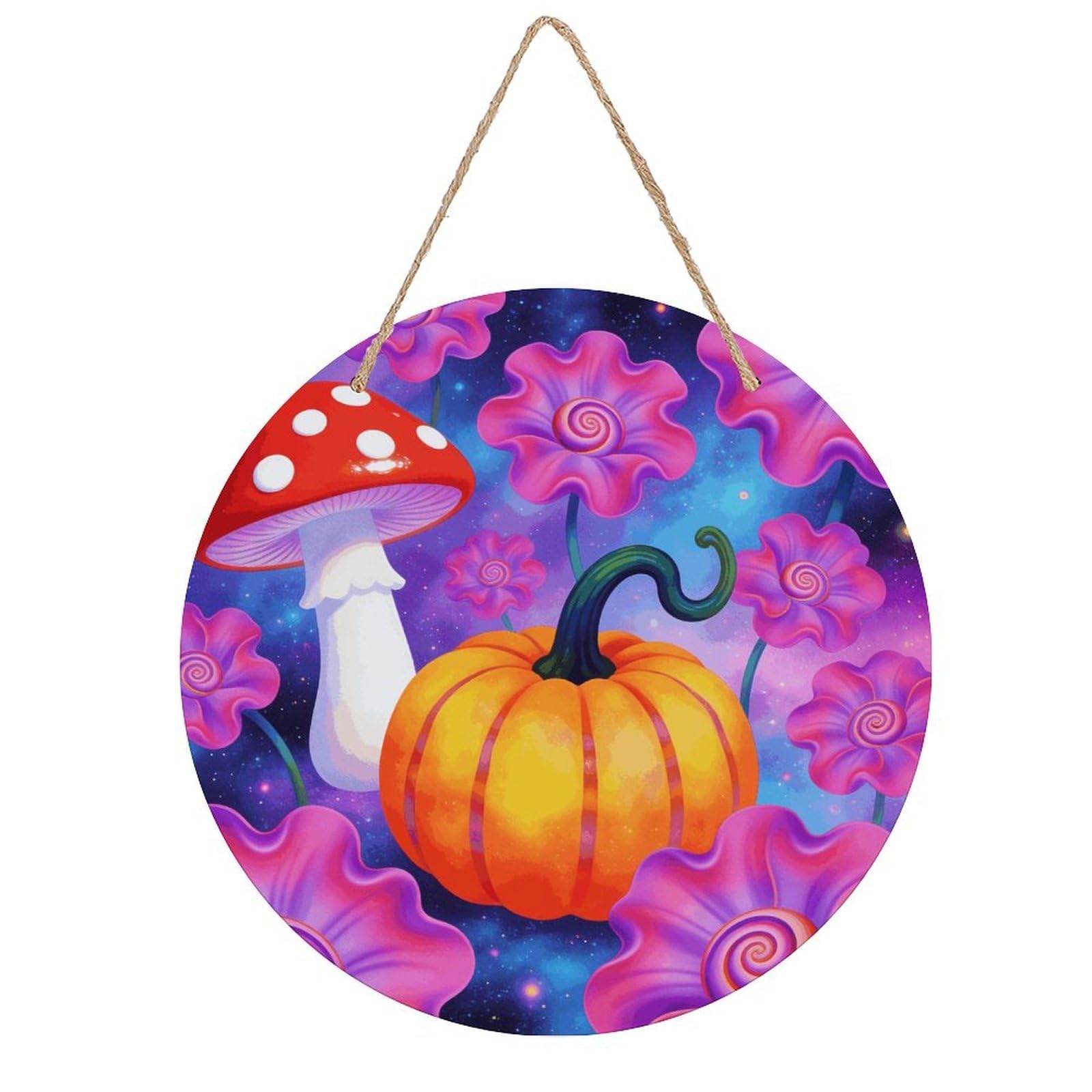 LZQPOEAS Groovy Flowers Mushroom Pumpkin Round Wood Wall Art Painting, 7.9 Inch Circular Wooden Door Hanger Decorative Paintings, Rope-Hanging Wooden Wall Plaque for Home Decor And Office Party