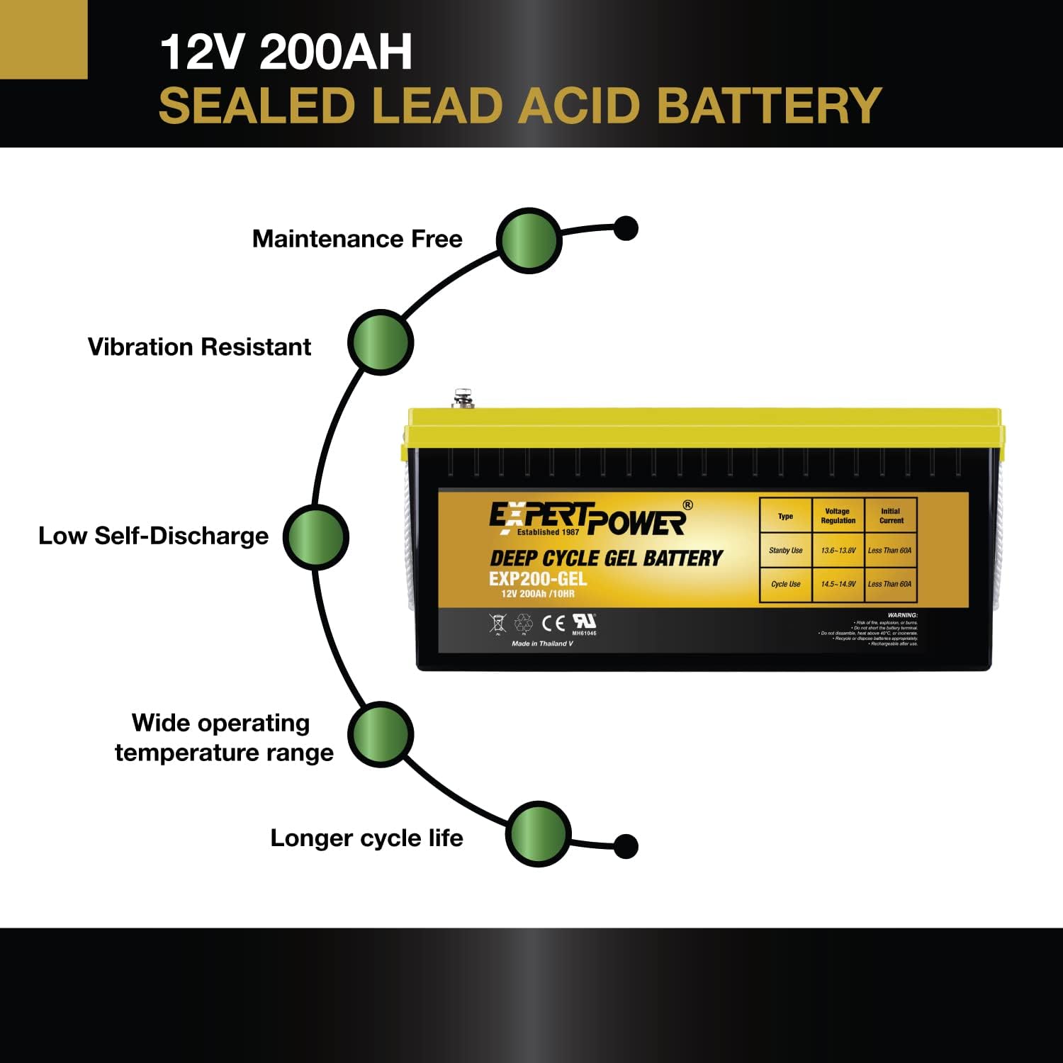 ExpertPower 12V 200AH Sealed Lead Acid Battery features