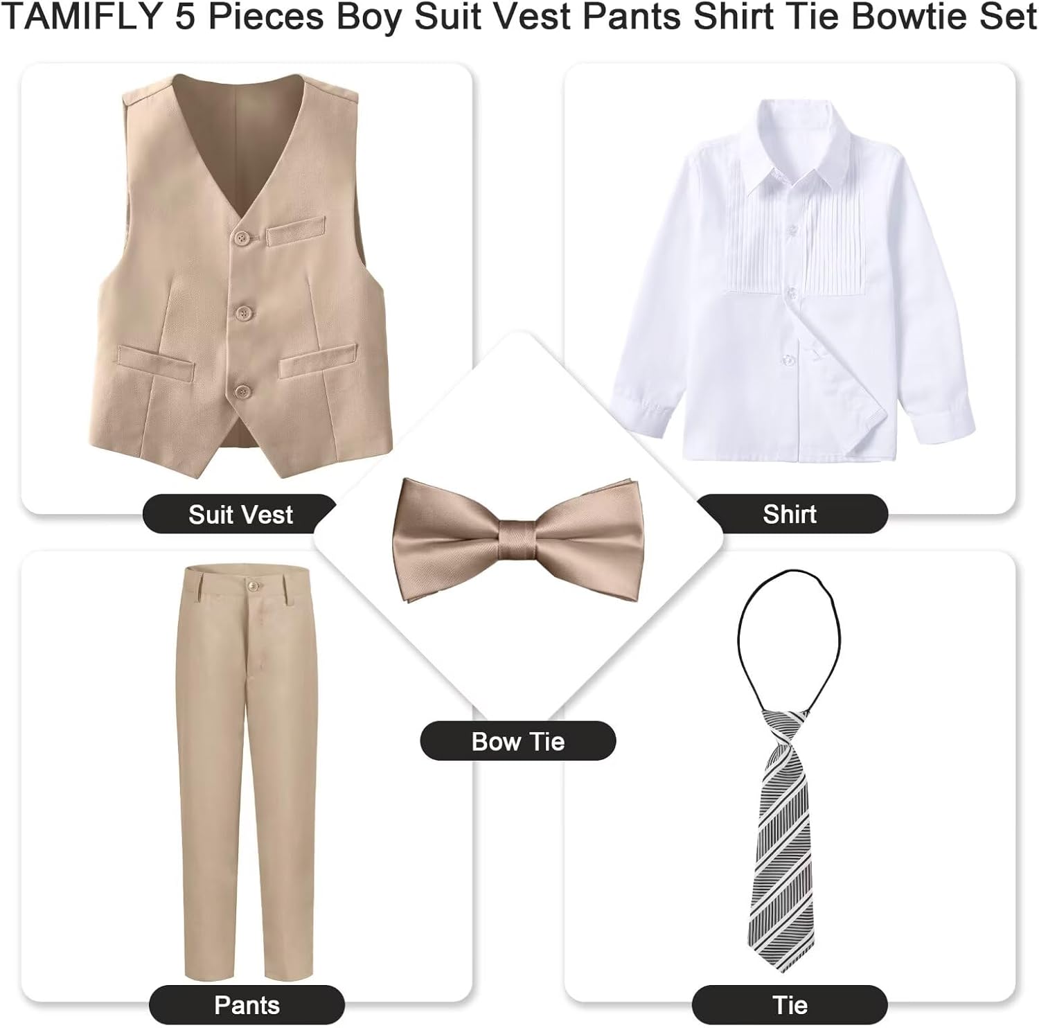 Boy 5-Piece Formal Suit Set Slim Fit Vest Pants Collared Dress Shirt Tie Kids Baby Boy Teen Ring Bearer Gentleman Outfits - Image 4