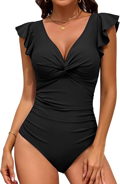 FemiChic Badeanzug Damen Bauchweg Shape Badeanzüge Rüschen Curvy Einteilige Bademode V Ausschnitt Schwimmanzug mit Cups Swimsuits Sommer Strand - 1