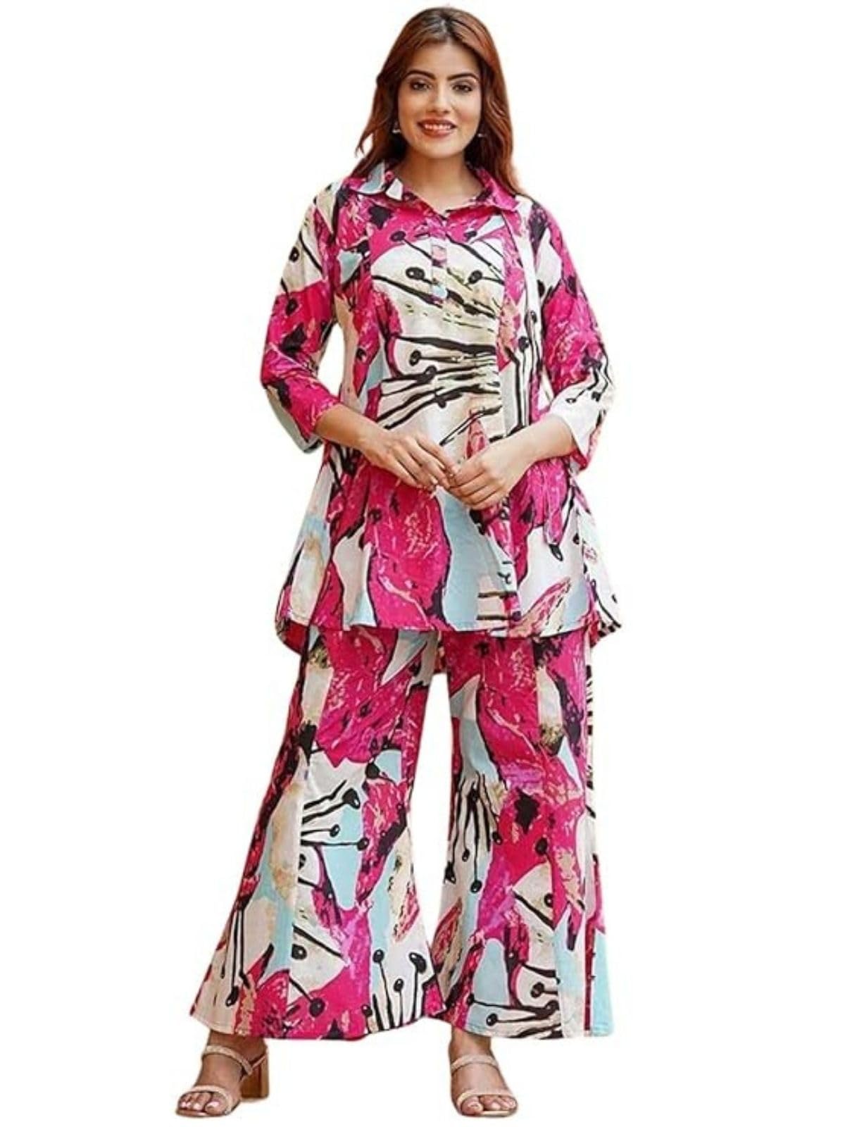 Greciilooks Women Rayon Blend Ethnic Wear Formal Kurta Co-Ord Set (Gl-W1849&Tr906-S-Pink Pink)