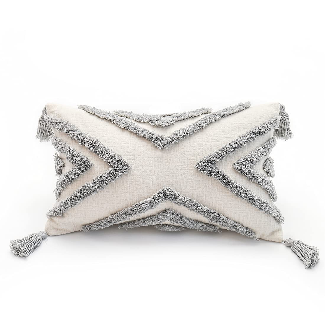 Boho Grey Lumbar Throw Pillow Cover 12x20 Inch with Tassels, Gray Geometric Tufted Cream Chenille Fabric Small Accent Textured Cushion Case for Bed