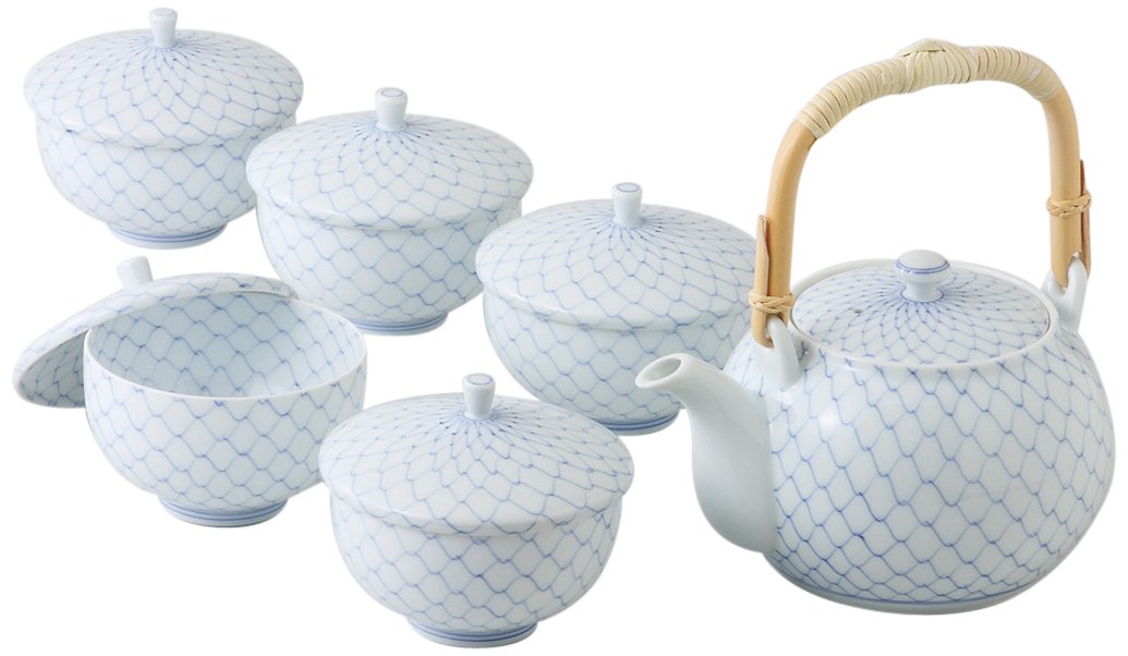 Amazon｜波佐見焼 土瓶&ふた付湯呑セット 洸琳内外網柄 (木