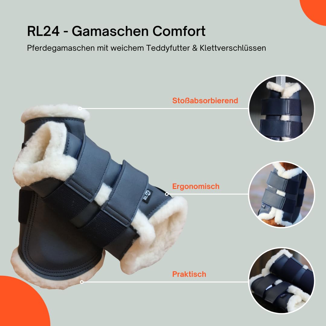RL24 - Gamaschen Comfort – Pferdegamaschen mit weichem Teddyfutter & Klettverschlüssen – anatomisch geformt & stoßabsorbierend – Gamaschen für Pferde in dunkelblau – Größe L