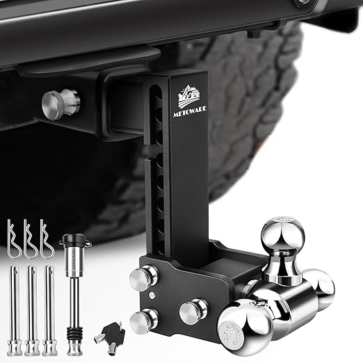 METOWARE Adjustable Trailer Hitch Ball Mount-Fits 2.5" Receiver-Heavy Duty Drop Hitch, Tri-Ball (1-7/8" x 2" x 2-5/16") 8" Drop/Rise, 18,000 GTW and Anti-Theft Stainless Steel Lock