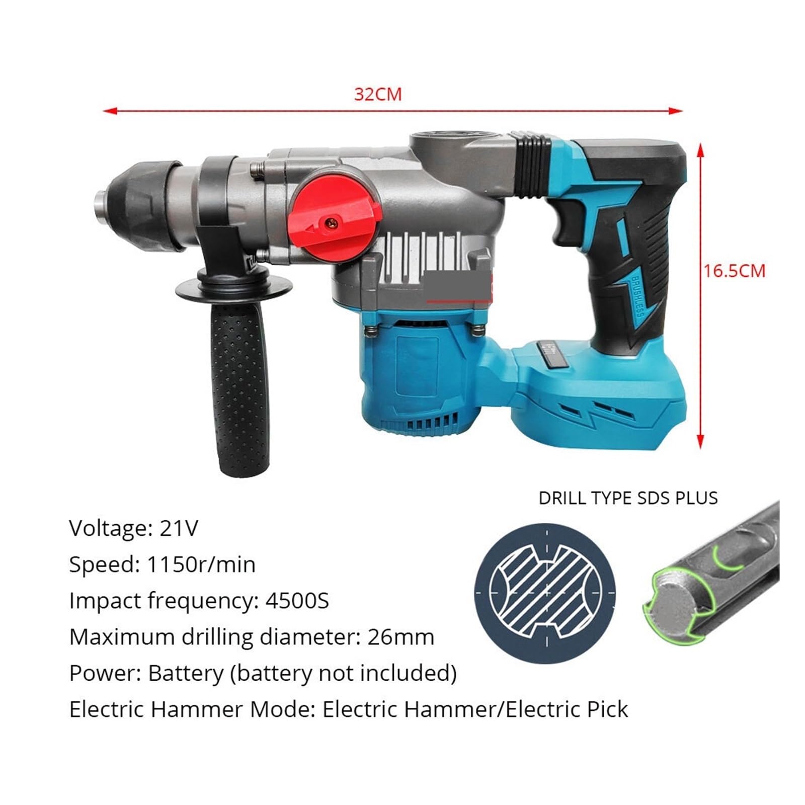 Wiertarka Udarowa 18 V Heavy Duty Młot Obrotowy Bezszczotkowy Akumulatorowy Elektryczny Młot Wiertarka Akumulatorowa Elektronarzędzia Z Akumulatorem Litowym(2 batteries)