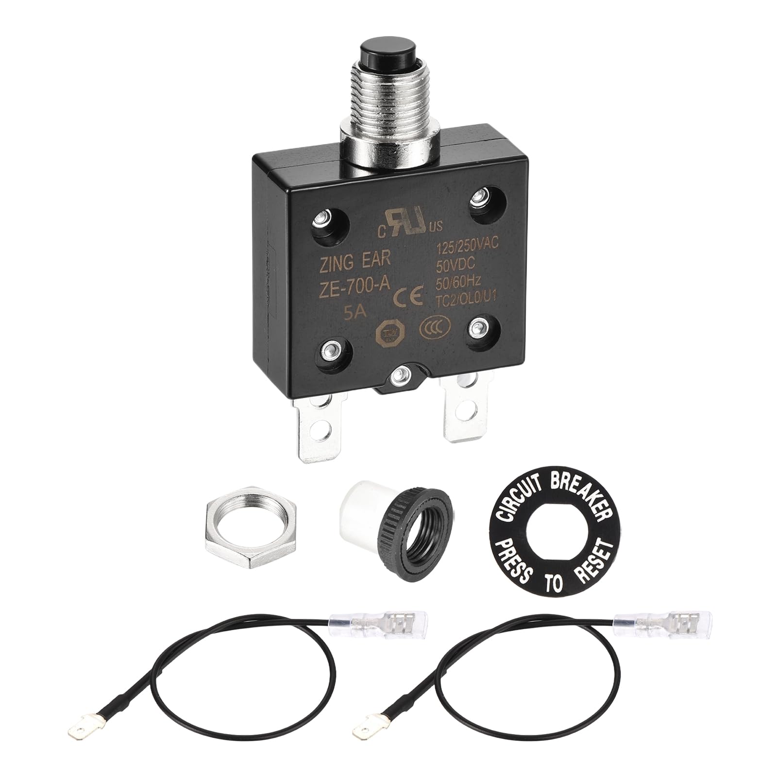 DMiotech 5A Thermal Circuit Breaker 125/250V AC 50V DC 2.3x1.4x0.6" Manual Reset Overload Protector with Quick Connect Terminal and Waterproof Cap for Overload Protection