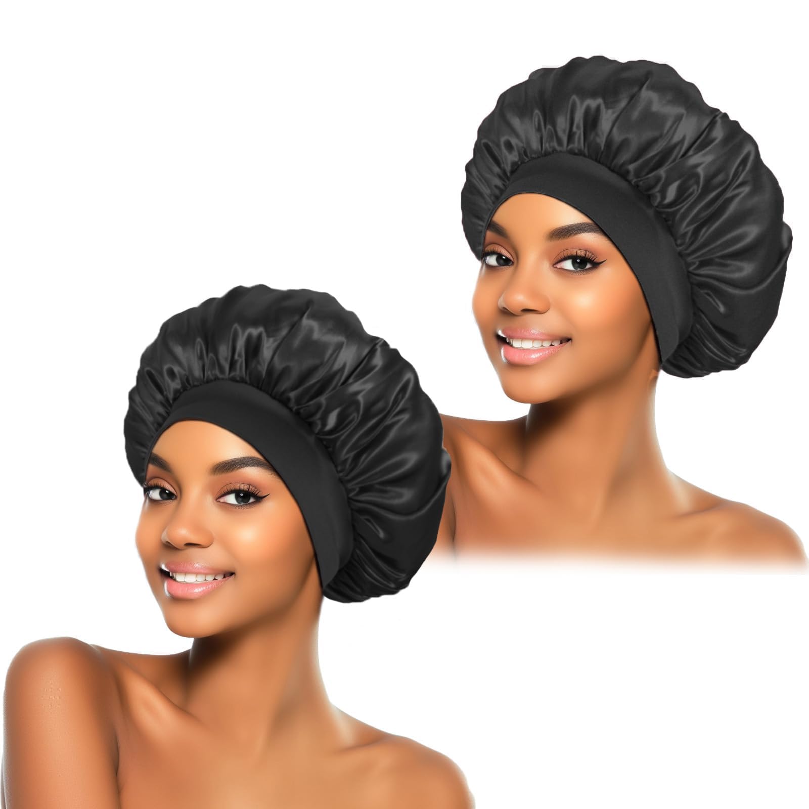 2Pcs Silk Bonnet for Sleeping, Satin Hair Bonnets, Soft Elastic Band Silk Sleep Cap, Hair Wrap for Women(Black)