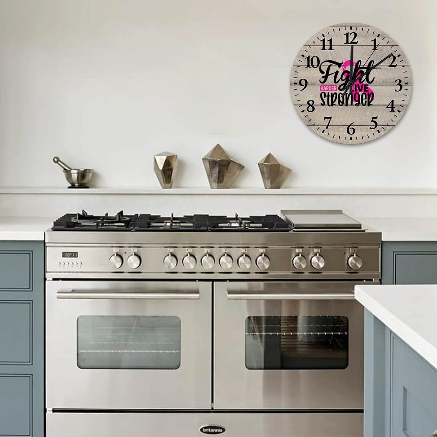 Wall Clock Breast Cancer Fight Harder Live Stronger Kitchen Clock Battery Operated Quartz Quiet Arabic Numeral Pink Warrior Round Clock for Home Office School 12 Inch