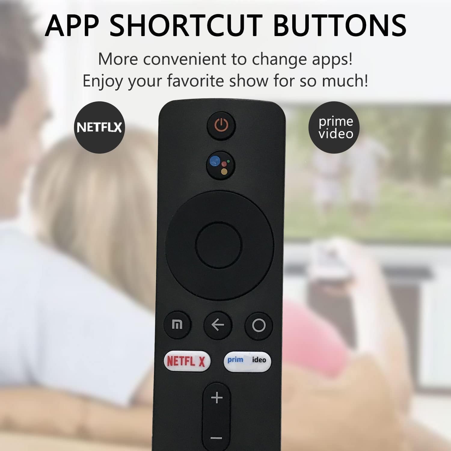 Close-up image of the remote control highlighting the power button, voice assistant button, navigation ring, back button, home button, Netflix shortcut, Prime Video shortcut, and volume buttons.