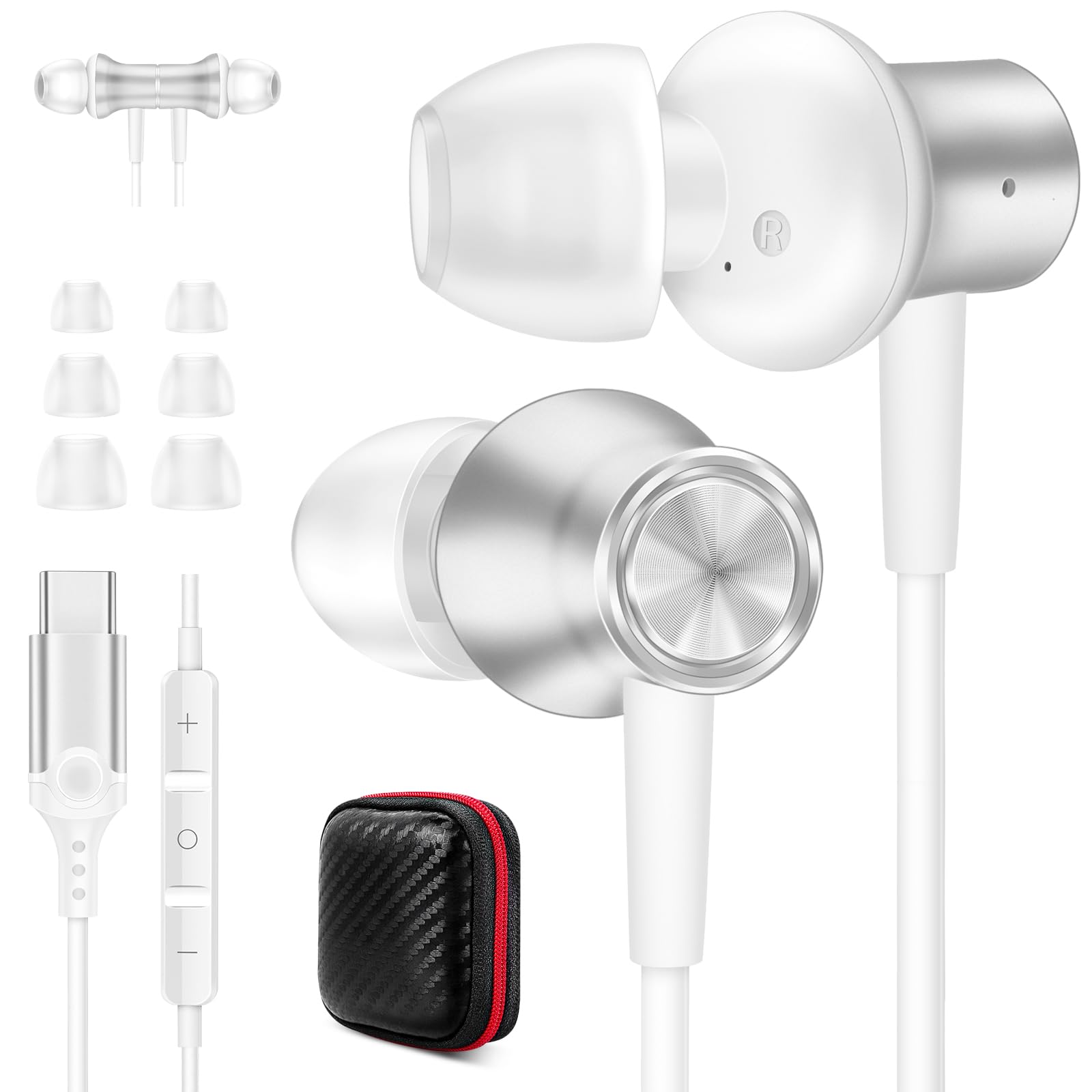 Jiunai USB C Earbuds for iPhone 17 16 15 Galaxy S25 FE Type C Wired Headphones with Mic in Ear Magnetic Snap S M L Ear Tips Stereo Ear Buds for