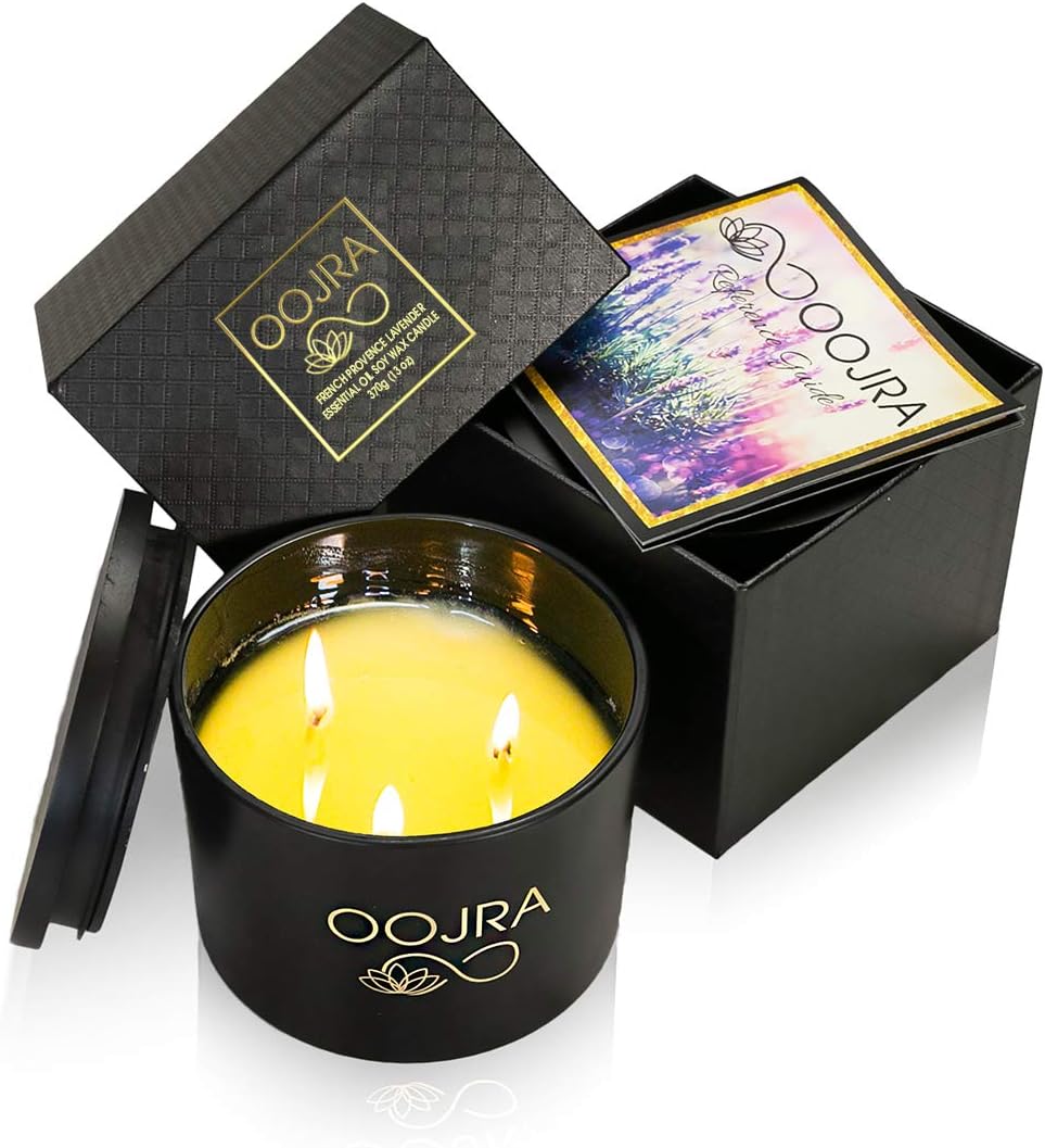 Soy Essential Oil Scented Candle, Large 3 Wick w/Lid & Gift Box 13oz French Lavender Scented (+ Other Scent Options) by Oojra