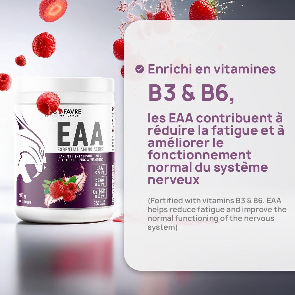 EAA ESSENTIAL AMINO ACIDS - Acides Aminés Essentiels avec CA-HMB, L-Tyrosine, L-Cystéine, Zinc & Vitamines - Formule Énergisante et Réduction de la Fatigue - 500g - Saveur Fruits Rouges - Eric Favre