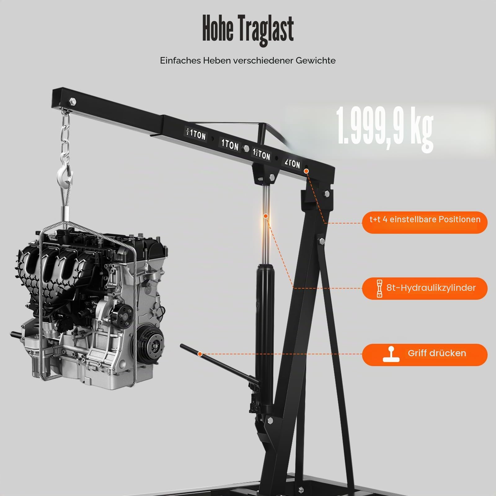 Hydraulischer Werkstattkran 2 Tonnen - Faltbarer Motorkran aus Kohlenstoffstahl, Motorheber mit verstellbarem Arm, drehbaren Rädern und verstärktem Rahmen, für Garage und Werkstatt (Schwarz)