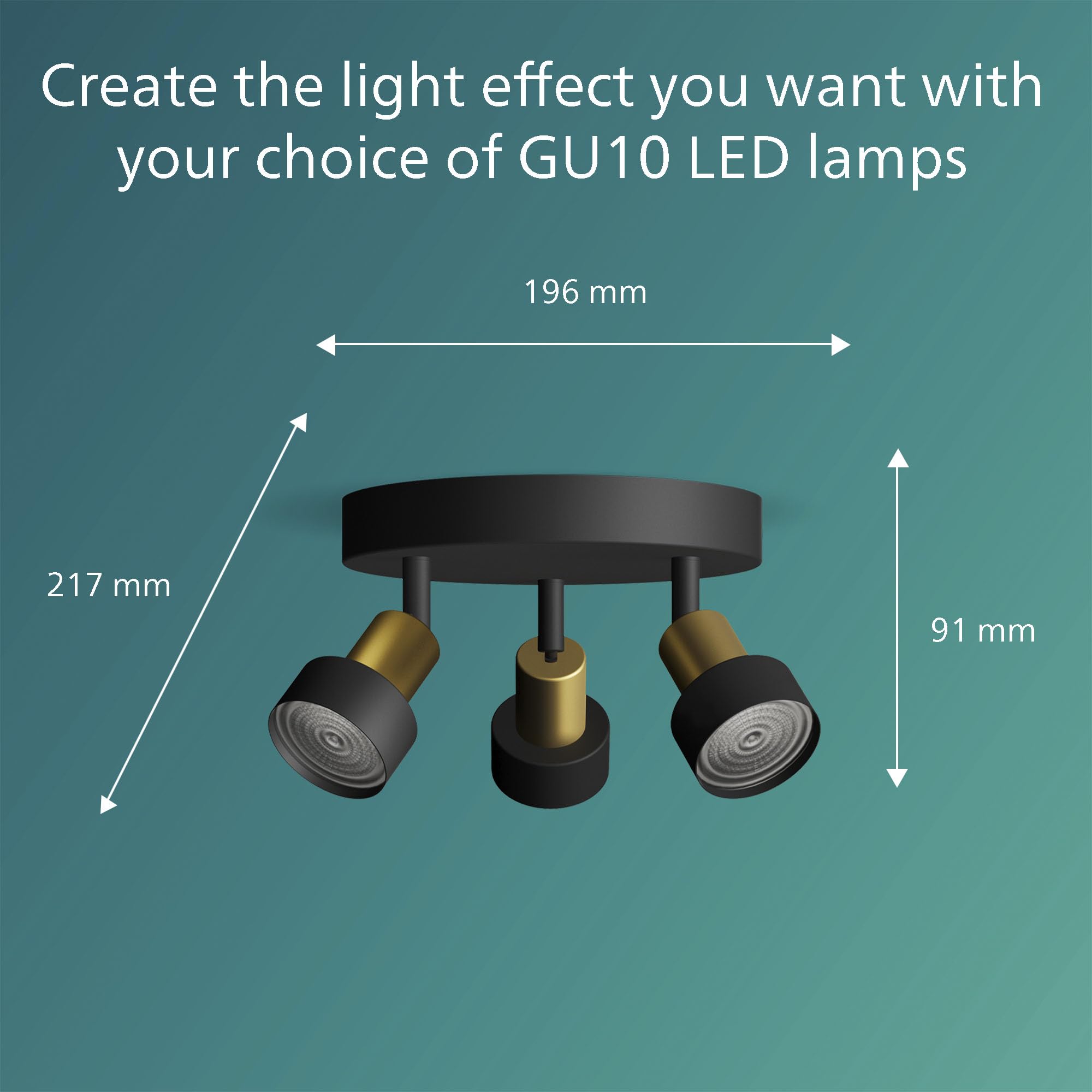 PHILIPS Conduit Spot 3-Head on Round plale, GU10 not Included, Brass, IP20, Black/Gold - Image 3
