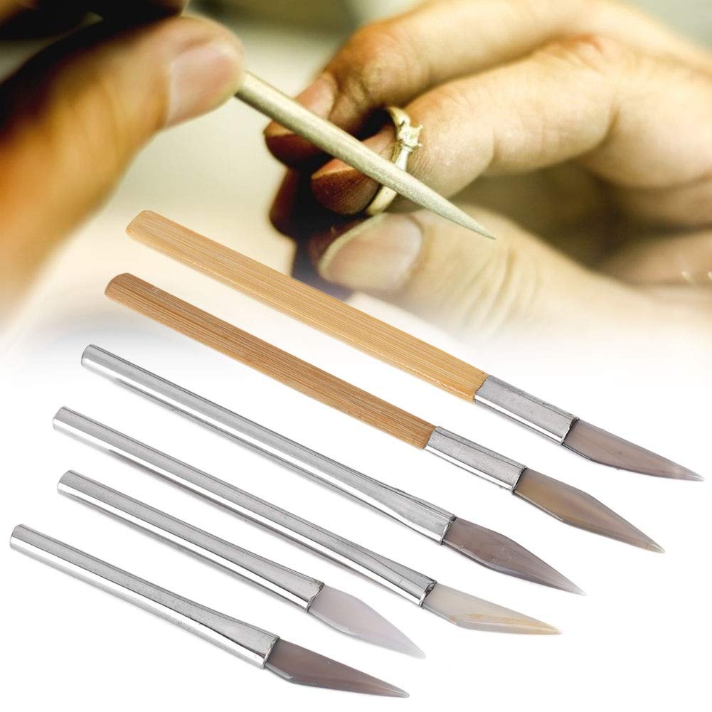 6 PCS Agate Burnisher, Carving Agate Jewellery Burnishing Tool with Wooden or Iron Handle, Handmade Jewellery Polishing Tool, Agate Craft Gold Sliver Jewelry Making Polishing Tool