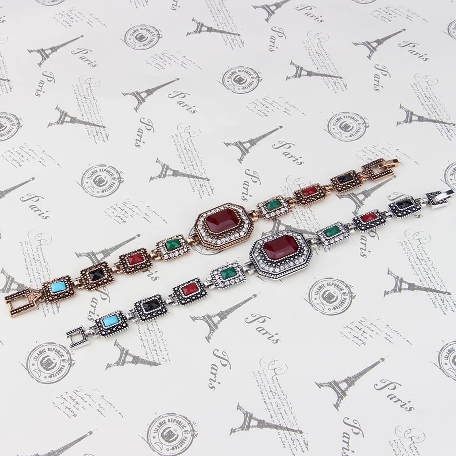 Vintage Turkish Jewelry Antique Silver Plated Polygonal Colorful Rhinestone Square Link Bangle Bracelet for Women Gift4