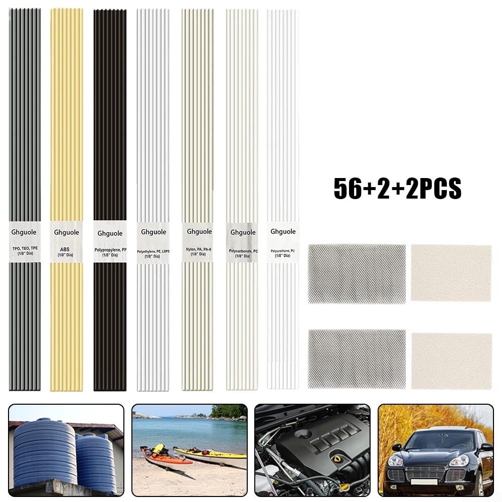 Set di 60 aste di saldatura in plastica per riparare paraurti, kayak, barche e altro ancora, include 7 tipi di canne, rete in acciaio inossidabile e carta vetrata