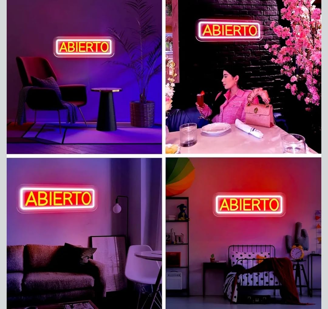Letrero LED Neón 'ABIERTO', Cartel Luminoso para Negocio, Señal de Tienda con Cadena, Rojo y Amarillo, Acrílico, 40 x 30 cm, 12 V