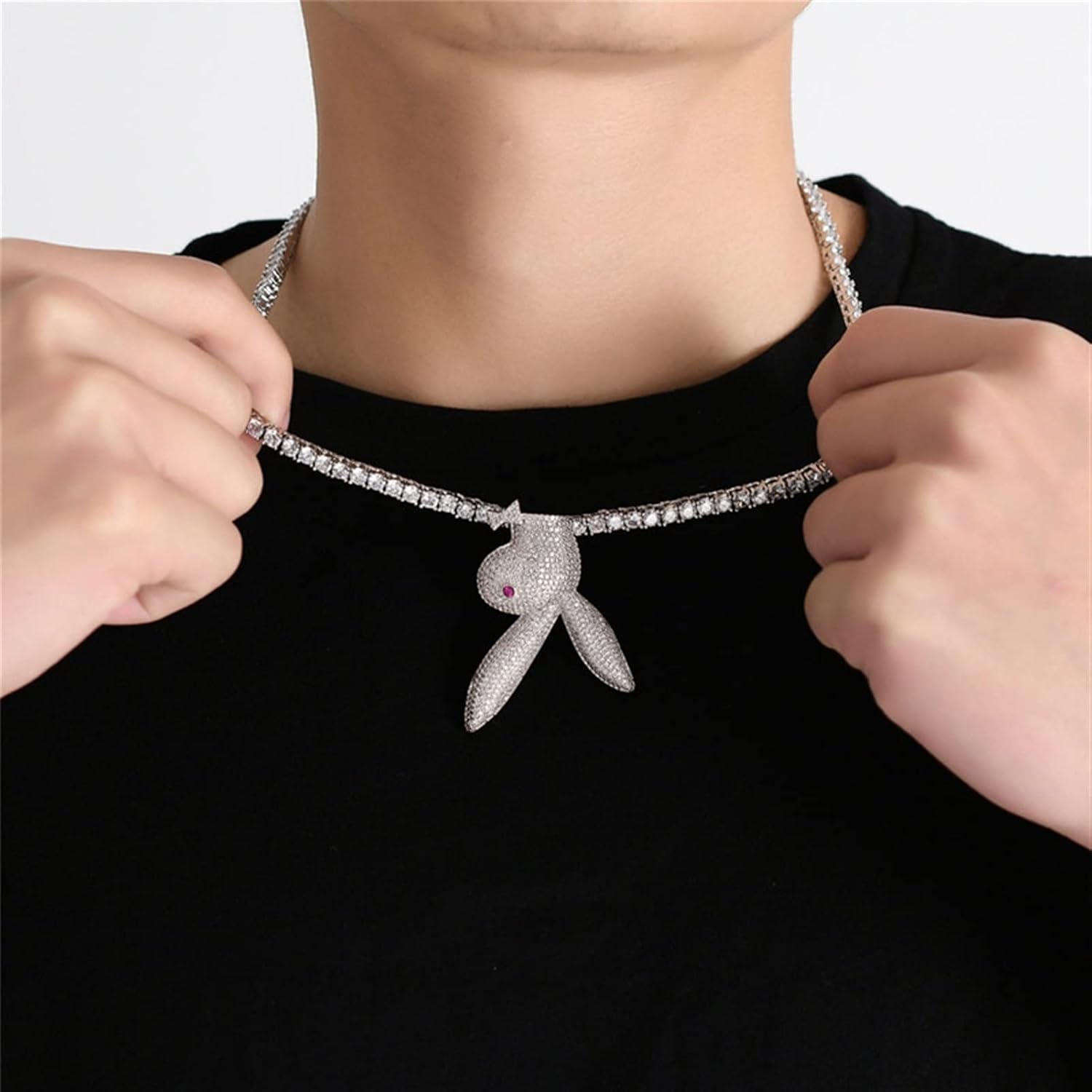 ロングイヤーウサギヘッドペンダントネックレスヒップホップキューバチェーンネックレスファッションギフト メンズ ペンダント ネックレス