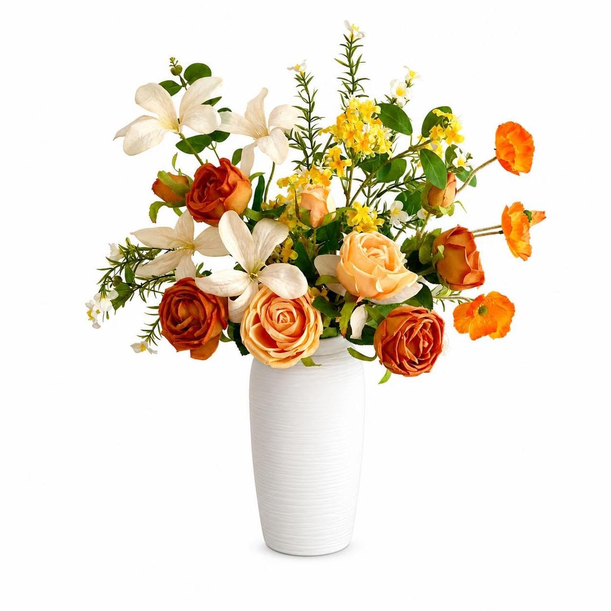 Jarrón de cerámica blanco con rosas artificiales que no requieren riego ni luz