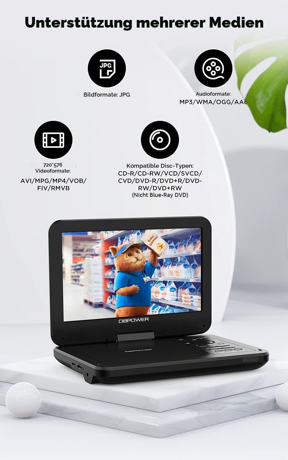 DBPOWER® Tragbarer DVD-Player, 10,5 Zoll, 3 Stunden Wiederaufladbare Batterie, Swivel Screen, SD-Karte und USB, Direct Play in Formats MP4/AVI/RMVB/MP3/JPEG (10,5, Black).