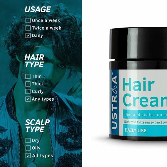 Ustraa Daily Use Hair Cream - 100g - Suitable for all hair types, Non-greasy nourishment for hair, Non-sticky alternative to oil, Enriched with Wild Flax Seeds, Almond Oil