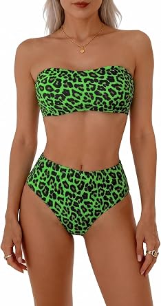 Women's Strapless Bandeau Bikini Set with High Waisted Bottoms, Leopard Print Two Piece Swimsuit, Tummy Control Swimwear for Beach Pool Holidays