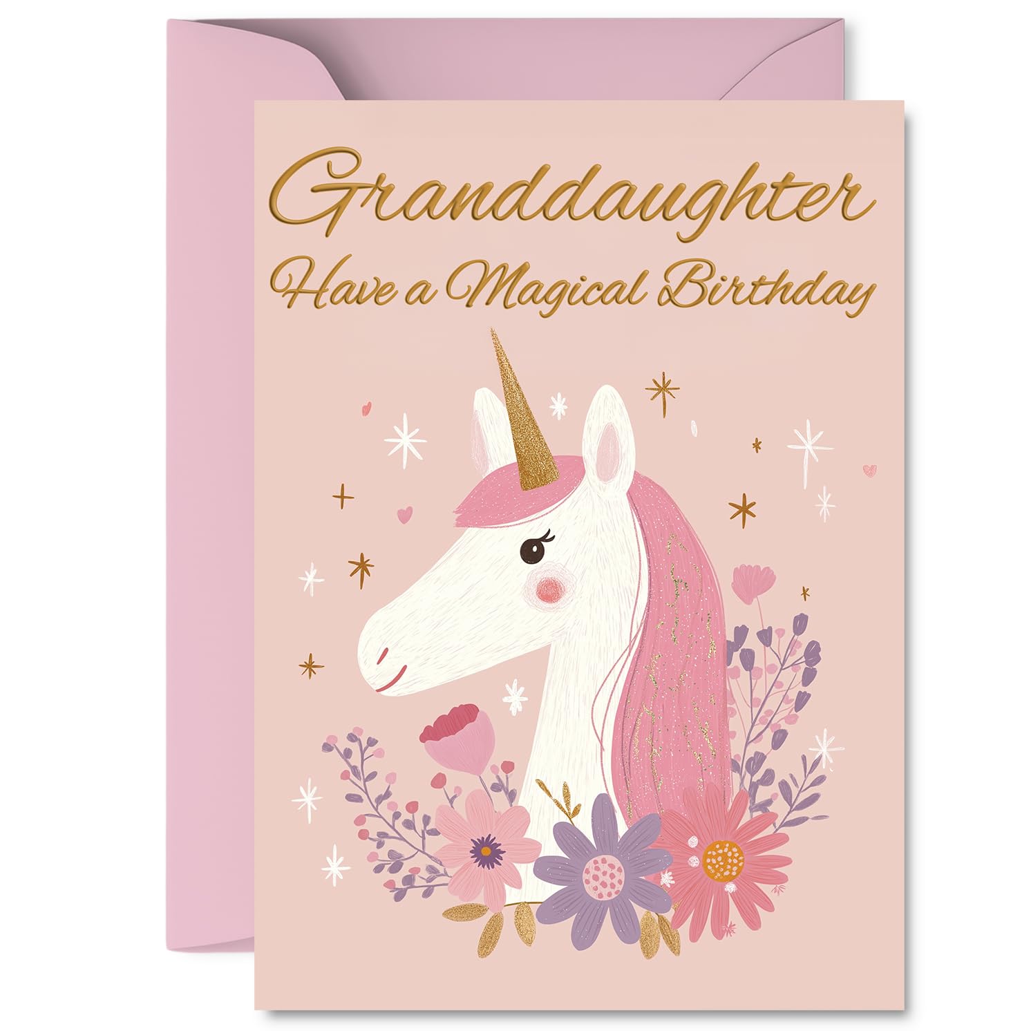 Cute Birthday Card for Granddaughter - Sprinkle a Dash of Magic - Whimsical Unicorn Dancing Among Pink Flowers - Adds Sparkle to Her Birthday Wishes - 5X7 Inch, Envelope Included