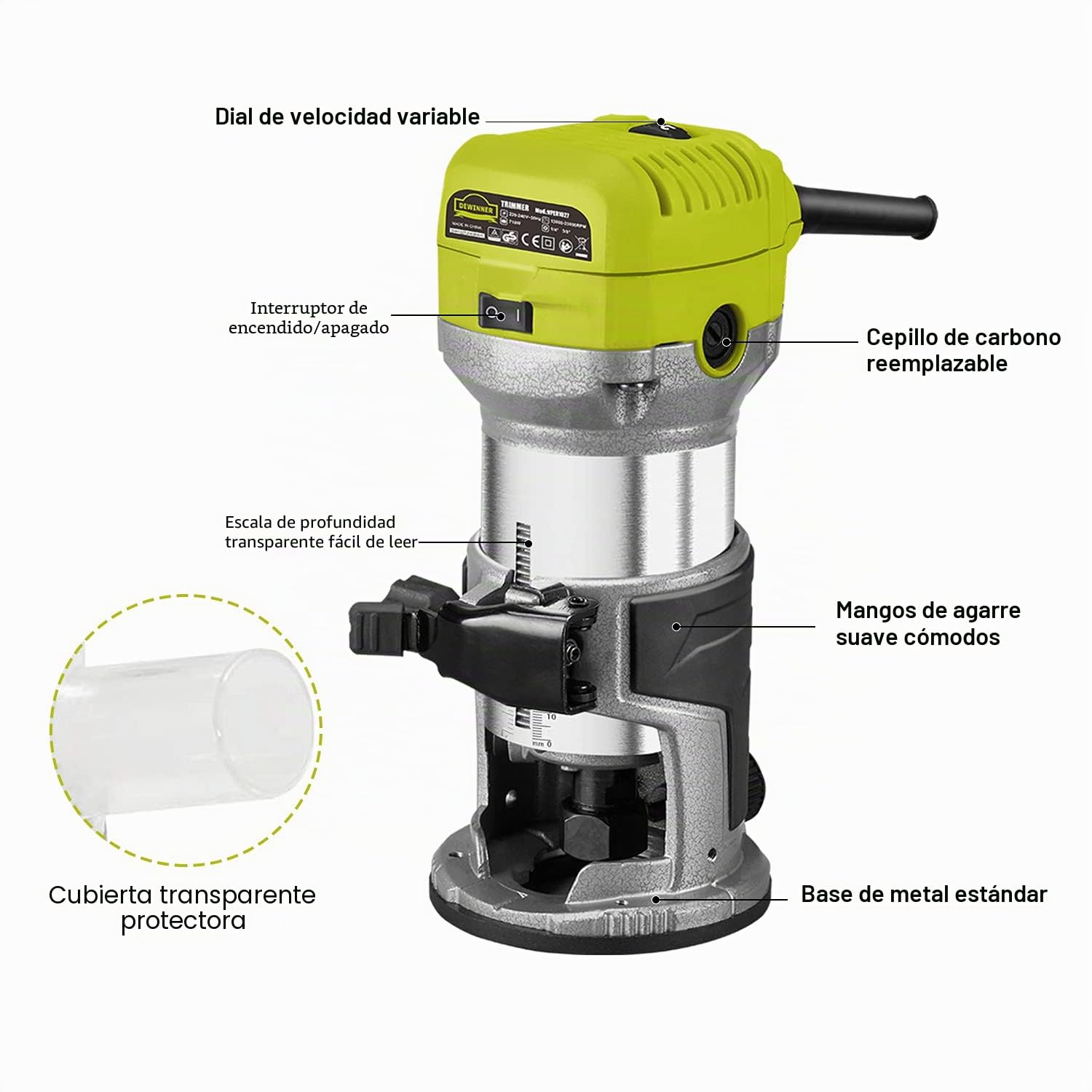 Dewinner Fresadora de Madera Rebajadora Eléctrica 710W 13000-33000RPM, Grabado Fresa Para Biselar,3 Alicates de 1/4'' , 6 mm y 8 mm, 6 Velocidades Variables, Profesión de Laminadora Fresa con Rodam