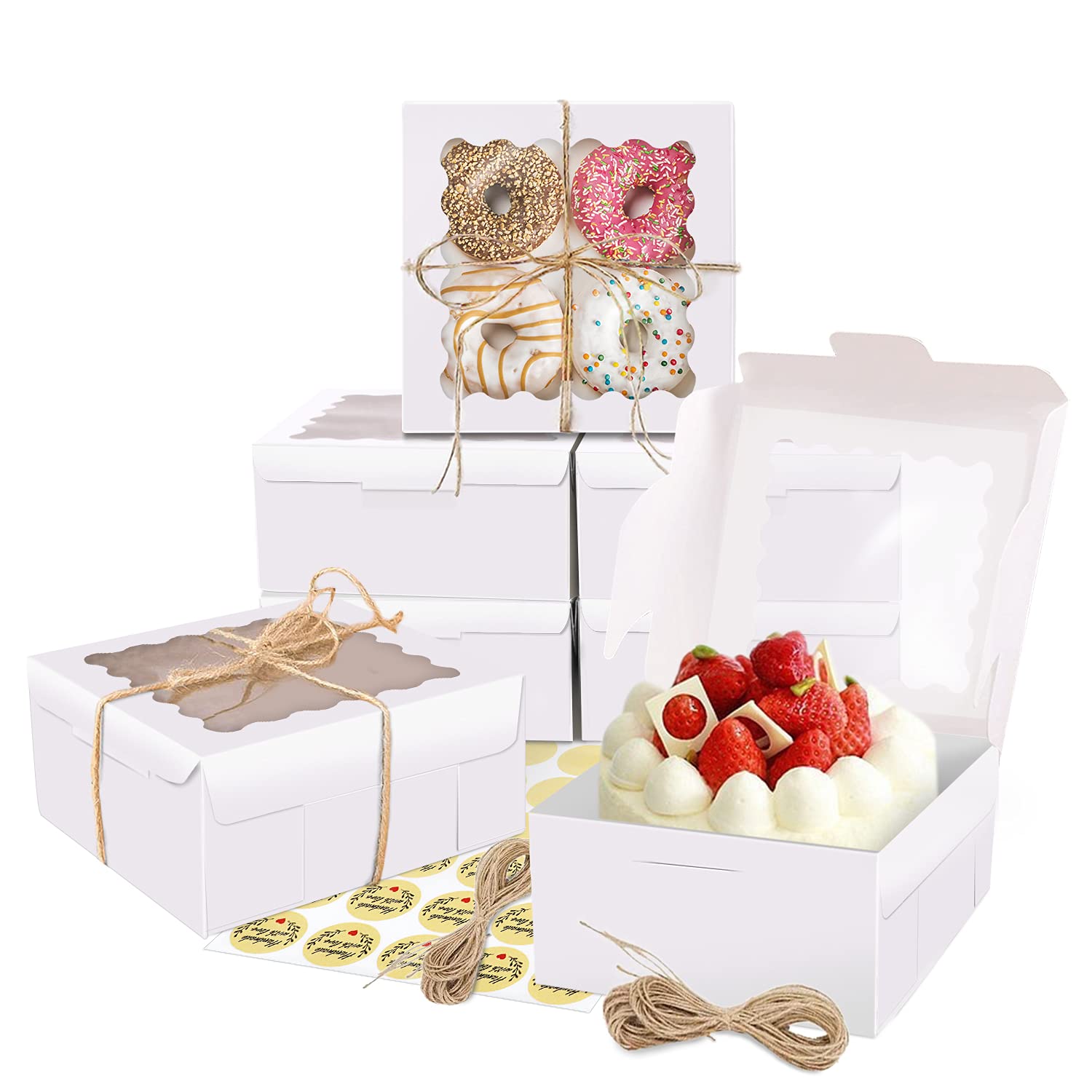 KLATIE 30 Pcs White Bakery Boxes with Window, Cookie Boxes with 66 Feets Twine and 30 PCS Stickers, 6 X 6 X 3 Inches, White Paperboard Pastry Boxes for Cookies, Cake, Donut, Strawberries, Macarons