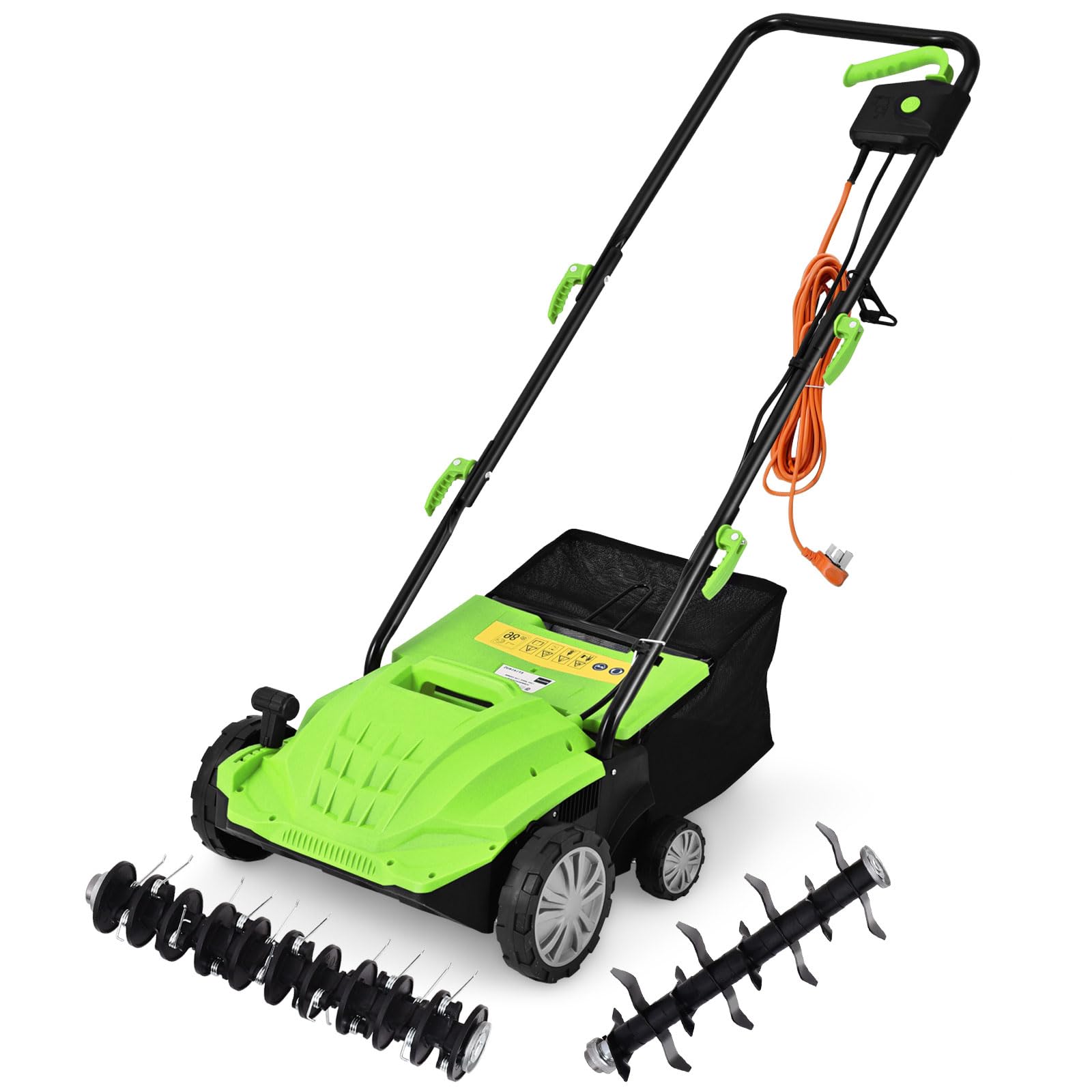 GOPLUS Scarificateur Électrique 2 en 1 avec 30LSac de Collecte, Aérateur de Pelouse avec Hauteur Réglable à 4 Niveaux, Poignée Pliable pour Un Rangement Facile(Vert)