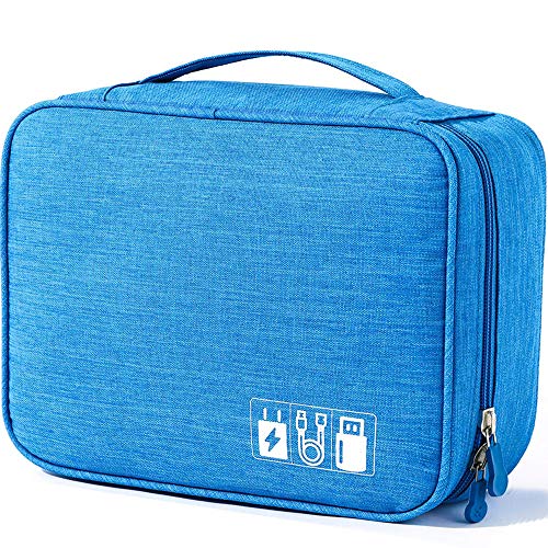 Electronics Accessories Organizer Bag, Universal Travel Digital Accessories Storage Bag for Portable Charger, Cables, Earphone, Ipad Mini, iPhone, Cord, Customize Inside with Dividers - Blue