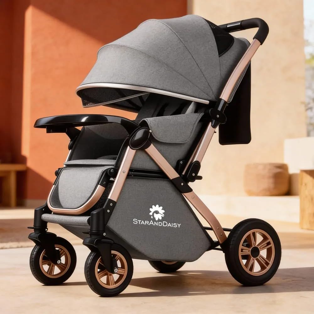 StarAndDaisy Baby Strollers/Pram for 0-3 Y Girl & Boy with Foldable Design, Food Tray, 4 Wheel Suspension, Convertible& Adjustable Seat, 5 Point Safety Belt, Light Weight & Convenient -(Beige)-image-23