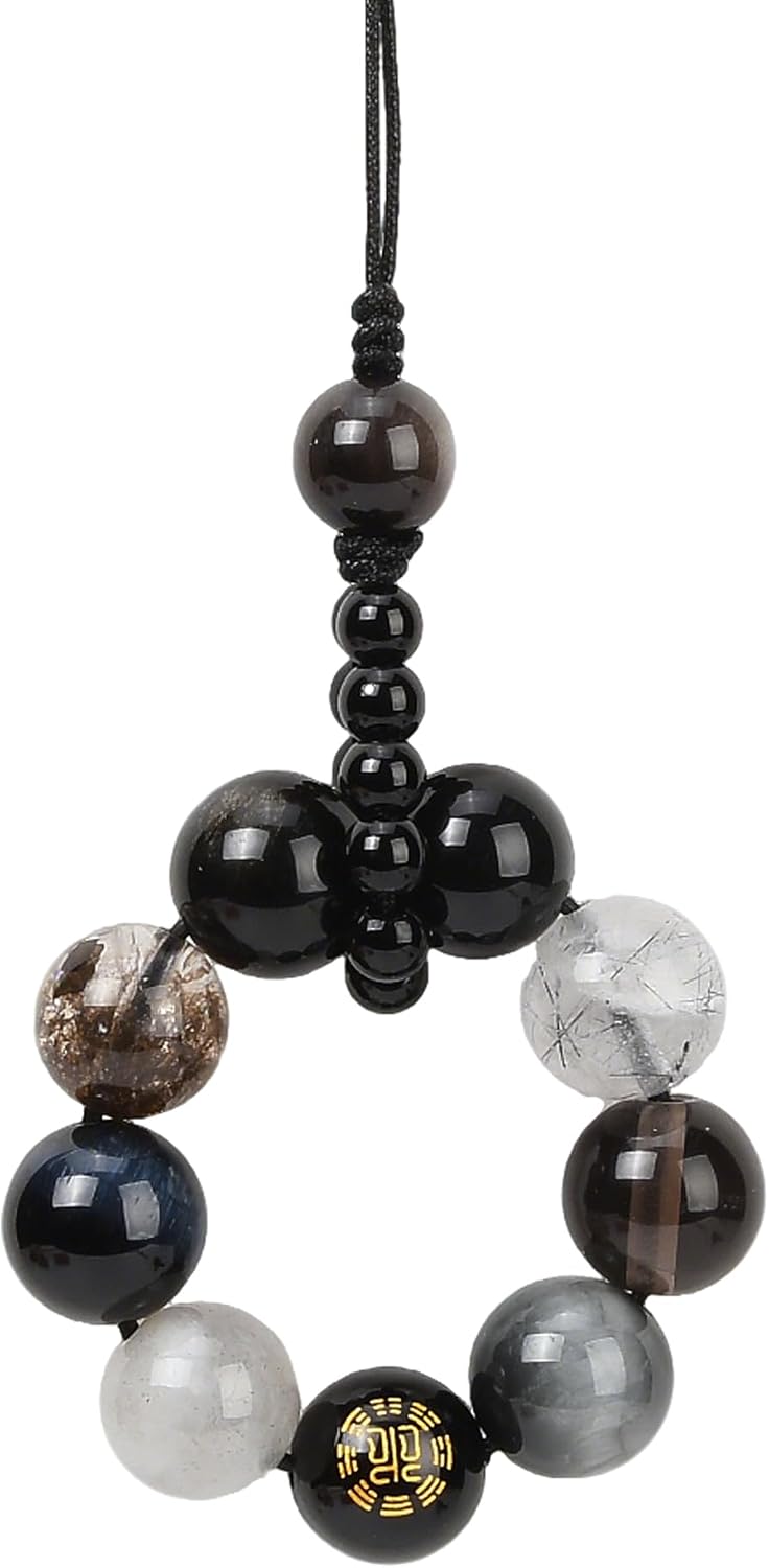 Natural Obsidian Hanging Ornament, Five Elements Water Energy Feng Shui Car Rear View Mirror Pendant, Car Interior Decoration Accessories, Bring Good Luck, Wealth, Healthy