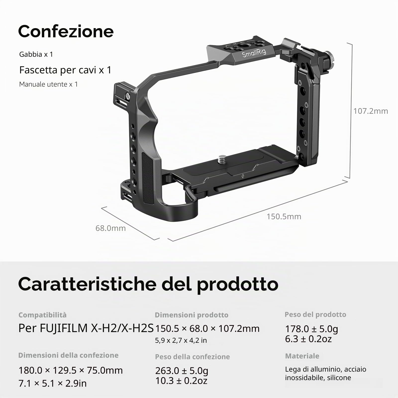 SMALLRIG Cage per FUJIFILM X-H2S, Attacco Freddo Integrato e Binario NATO, Piastra a Sgancio Rapido per Arca per Treppiedi e Stabilizzatori - 3934