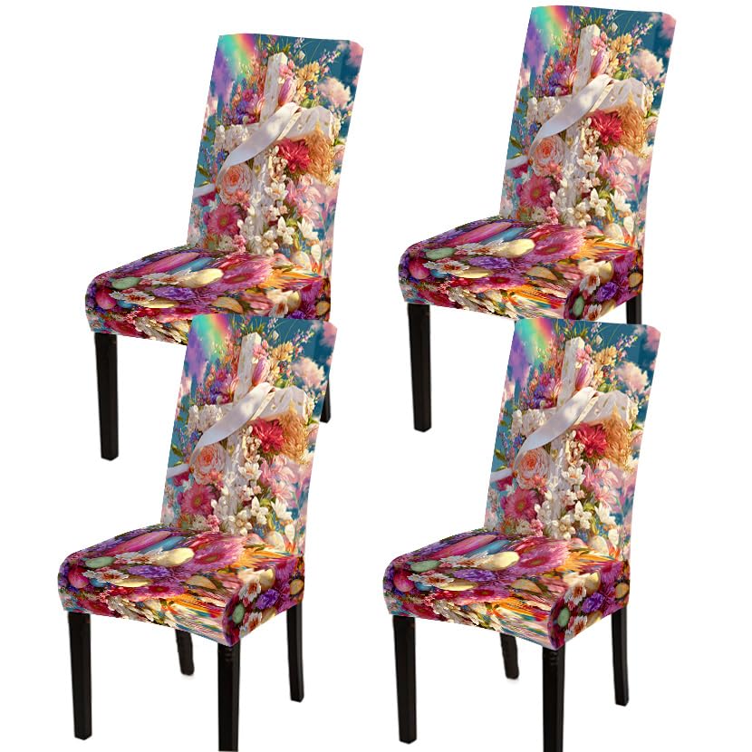 Image of Colorful Floral Rainbow Dining Chair Covers Set of 4 Slipcover